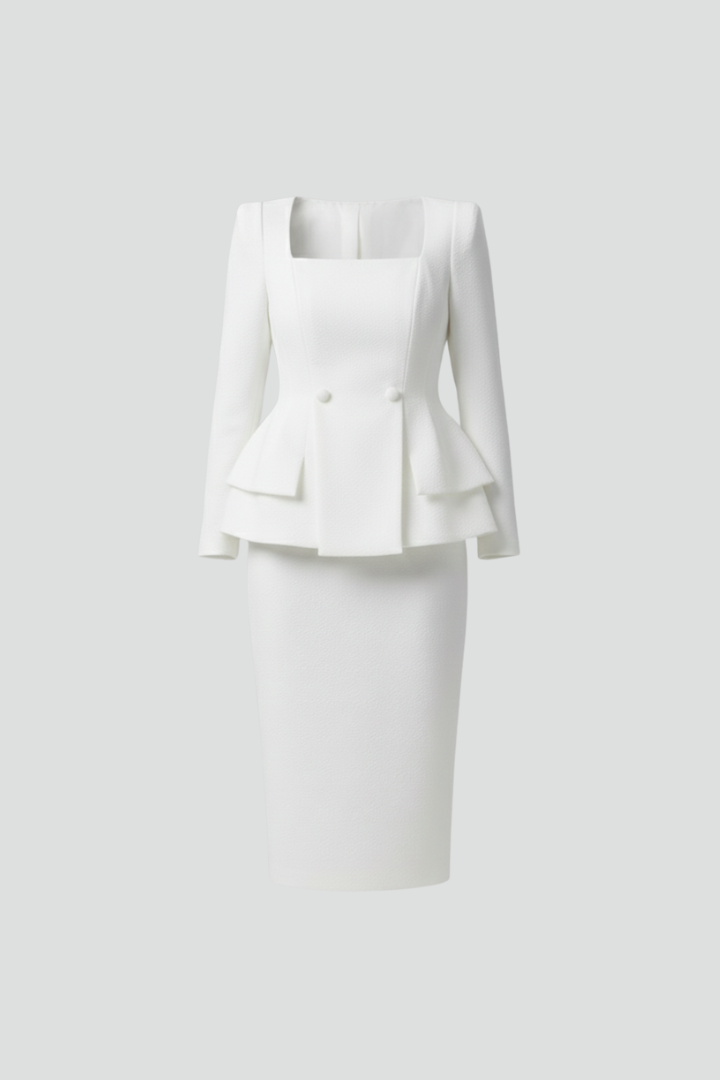 White jacket and pencil skirt laid out flat on a pale background, showing the square neckline, two buttons and layered peplum. 3