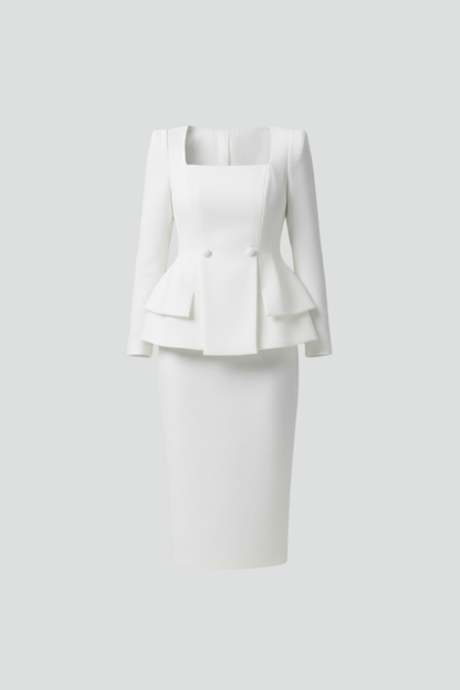 White jacket and pencil skirt laid out flat on a pale background, showing the square neckline, two buttons and layered peplum. 3
