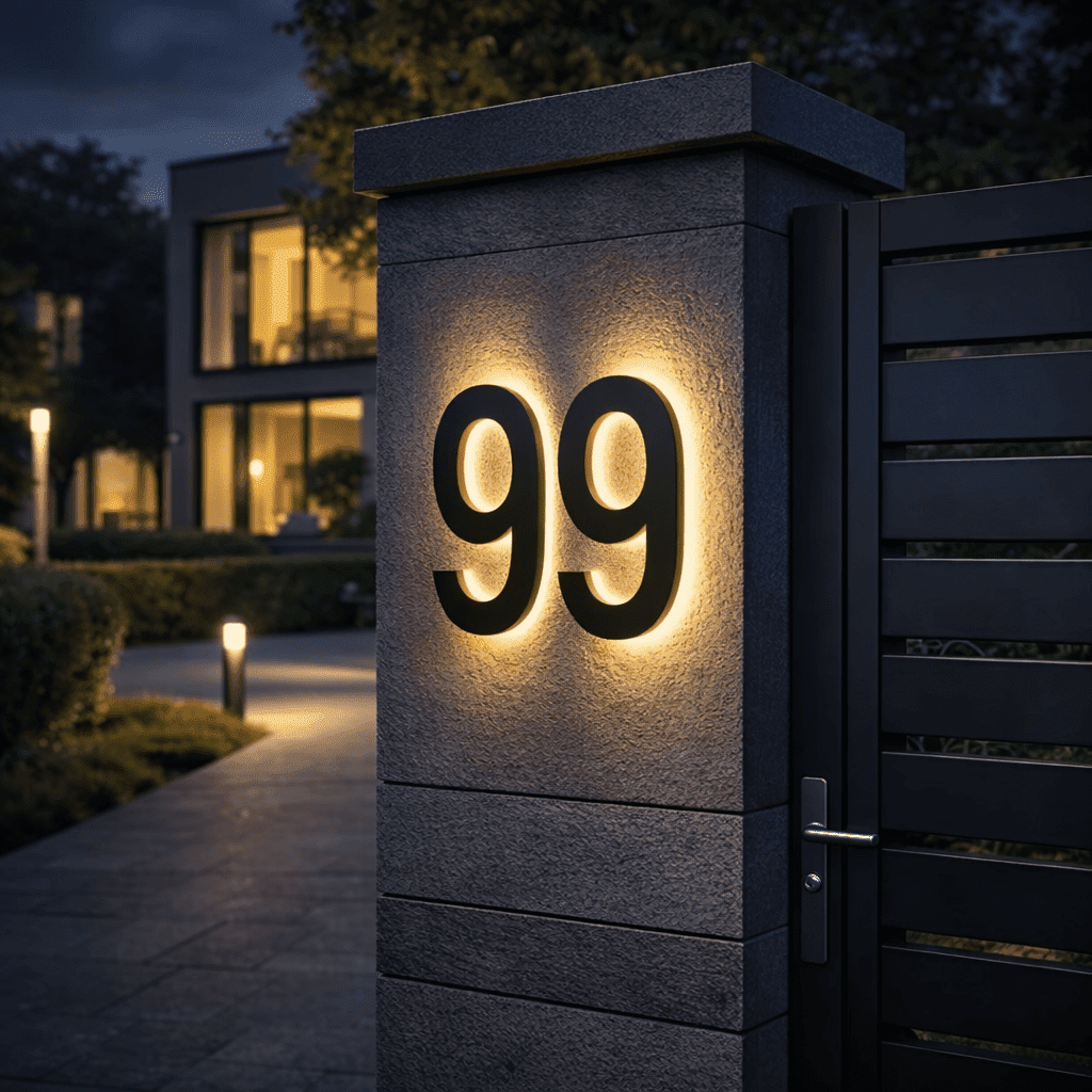 Black double-digit number 99 with warm backlight on a stone gatepost at dusk, with a lit house and garden path behind. 2
