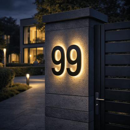 Black double-digit number 99 with warm backlight on a stone gatepost at dusk, with a lit house and garden path behind. 2