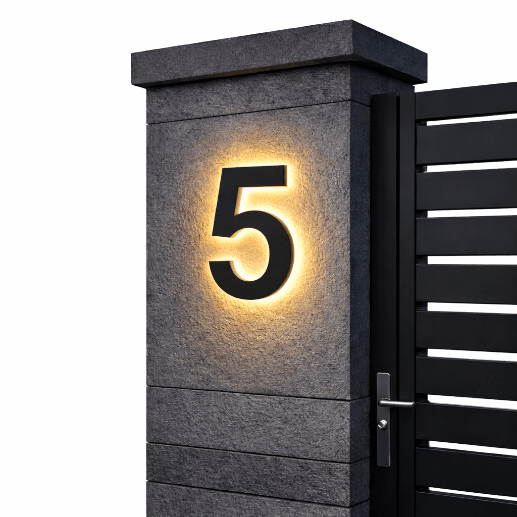 Black number 5 with a warm backlit glow on a dark stone gatepost next to a black slatted gate. 8