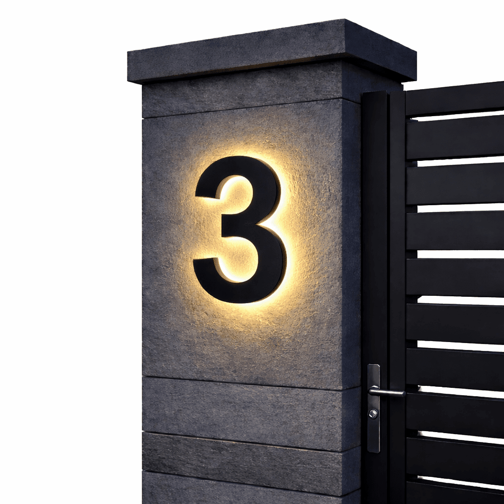 Black number 3 with a warm backlit glow on a dark stone gatepost next to a black slatted gate. 9