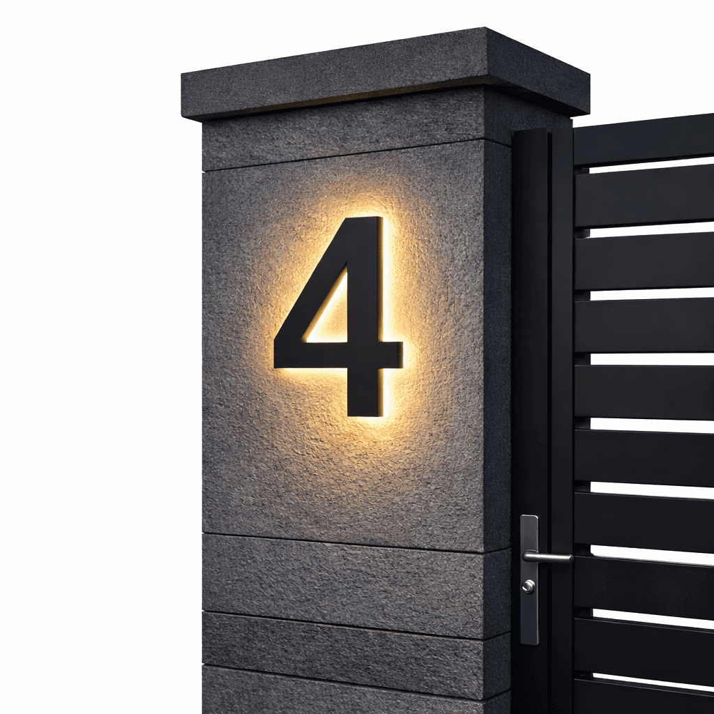 Black number 4 with a warm backlit glow on a dark stone gatepost next to a black slatted gate. 10