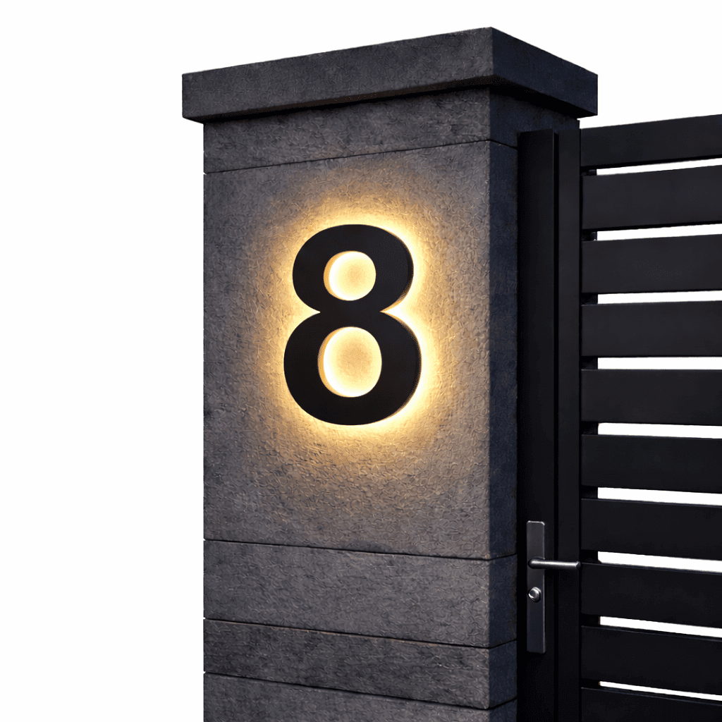Black number 8 with a warm backlit glow on a dark stone gatepost next to a black slatted gate. 11