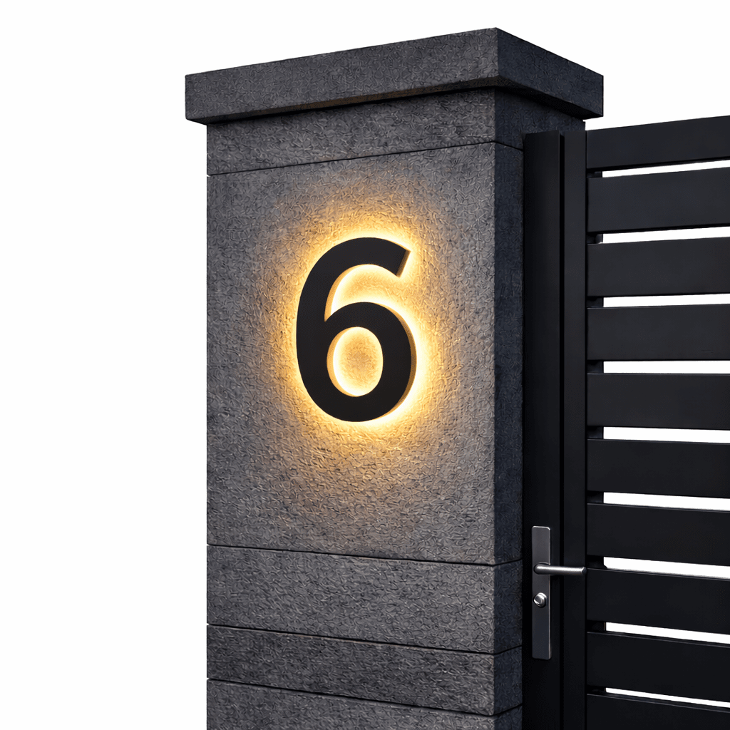 Black number 6 with a warm backlit glow on a dark stone gatepost next to a black slatted gate. 12