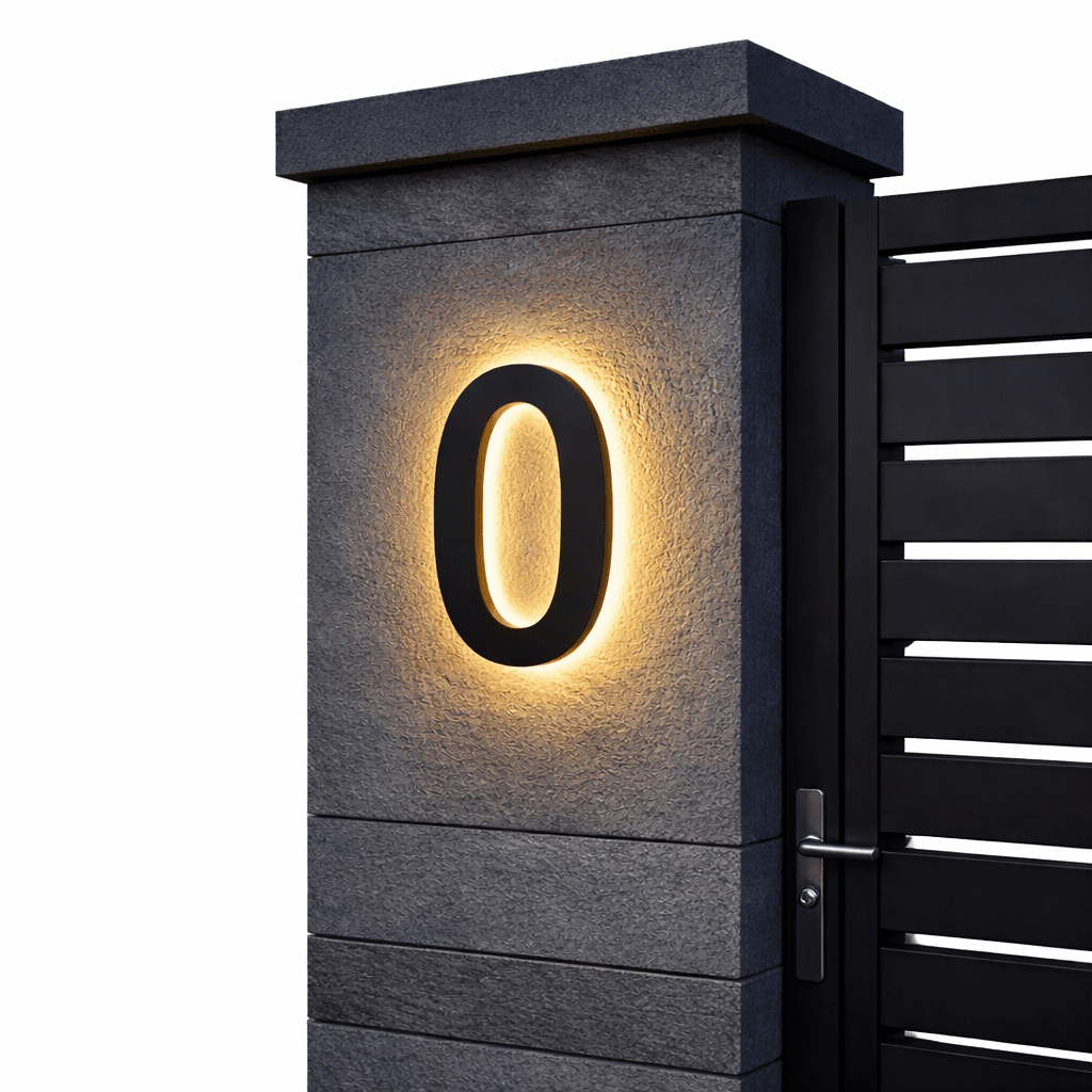 Black number 0 with a warm backlit glow on a dark stone gatepost next to a black slatted gate. 6