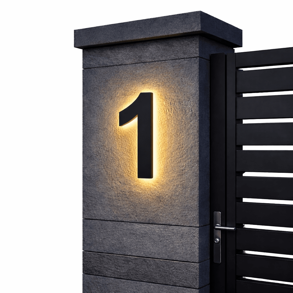 Black number 1 glowing with warm backlight on a dark textured stone gatepost beside a slatted black gate. 1