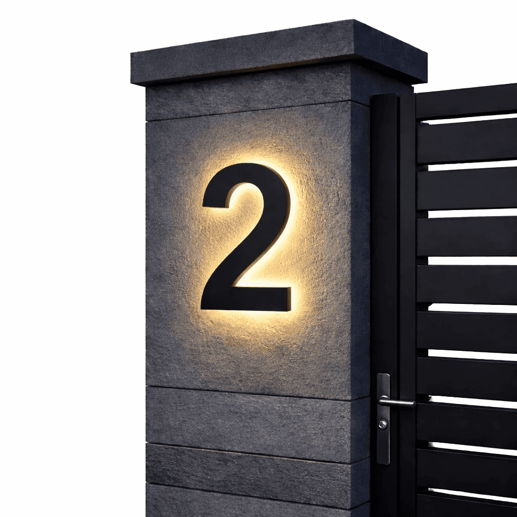 Black number 2 with a warm backlit glow on a dark stone gatepost next to a black slatted gate. 7