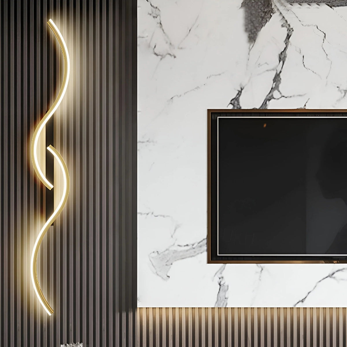 Gold curved wall light on a slatted dark panel beside a marble TV wall 3