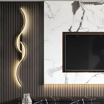 Black curved wall light glowing against dark slats next to a marble TV wall 5