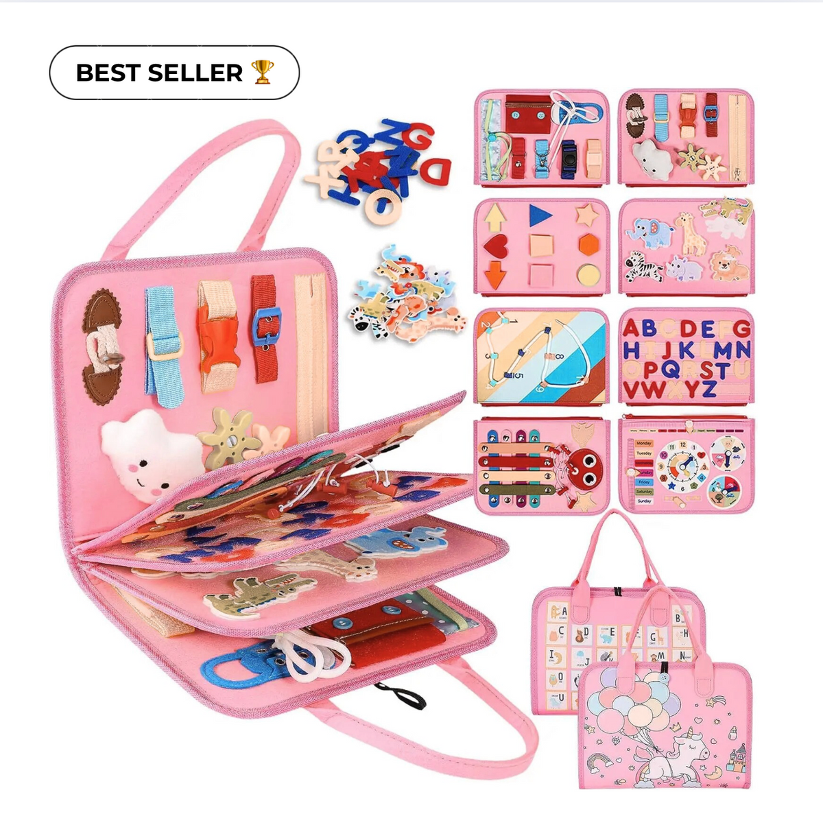 Pink version of the felt activity book fanned open, with loose letters, animal pieces and small panel views 2
