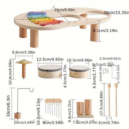 Diagram of the table and each separate instrument laid out, with labelled dimensions in centimetres and inches. 3