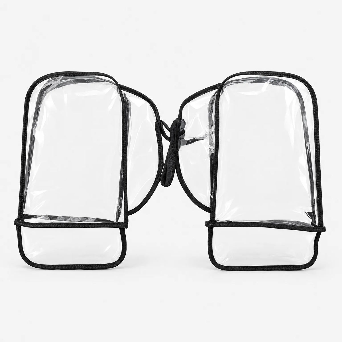 Pair of clear muffs with black binding laid flat on white, joined by a strap, showing their open fronts. 2