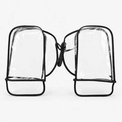 Pair of clear muffs with black binding laid flat on white, joined by a strap, showing their open fronts. 2
