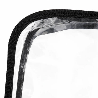 Close-up of one clear panel's corner showing the black woven binding stitched around the edge of the plastic. 5