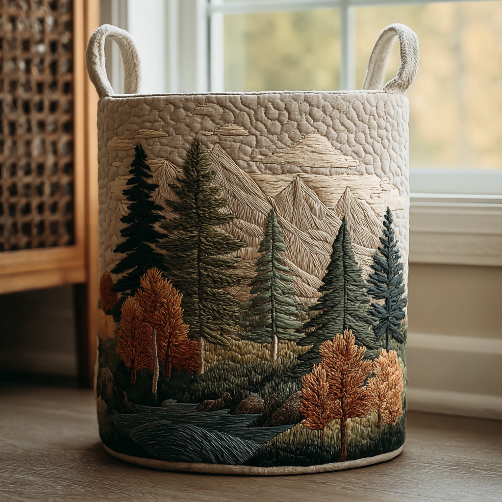 Cream quilted round basket with two rope handles and an embroidered mountain forest scene in greens and autumn oranges, standing by a window. 1