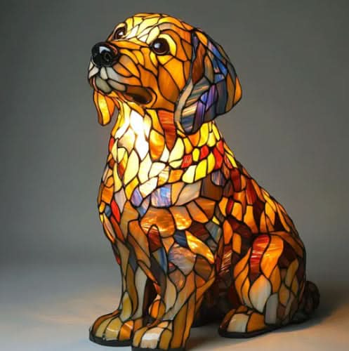 Sitting golden retriever-style puppy lamp with head tilted up, made of glowing amber and orange mosaic glass panels. 14