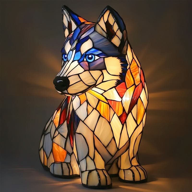 Sitting husky lamp with bright blue eyes, cream and amber glass panels and a dark grey face mask, glowing in a dim room. 15