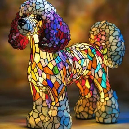 Standing poodle lamp with purple and red curly ears, rounded mosaic-tile legs and tail, glowing in warm multicoloured glass. 19