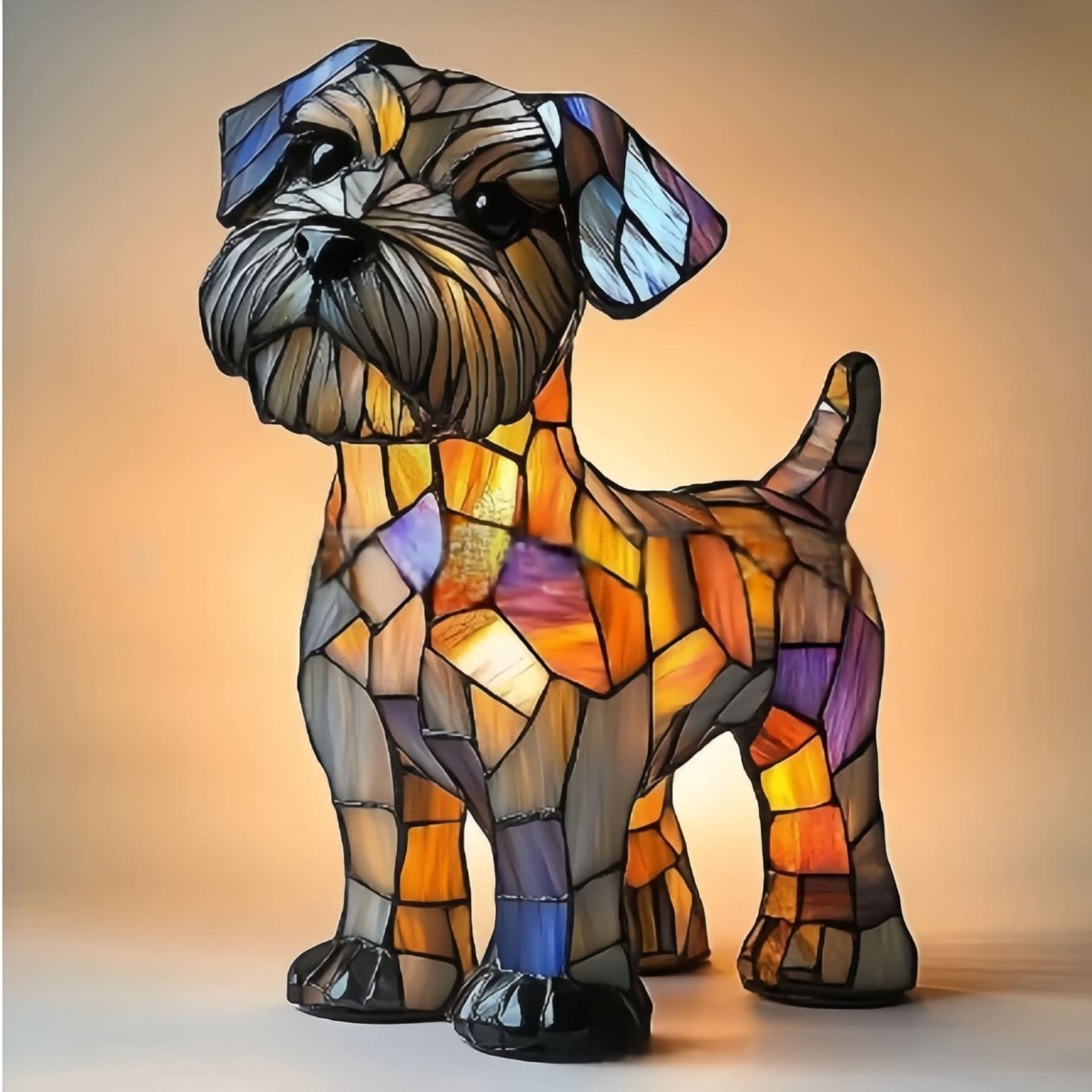 Stained-glass style lamp shaped like a shaggy terrier with a bearded muzzle and floppy ears, glowing amber against a peach backdrop. 21