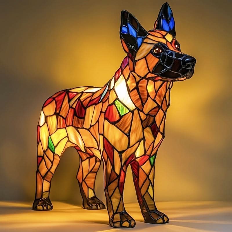 Glowing lamp shaped like a tall standing dog with upright blue-tipped ears and a dark muzzle, in amber and red glass-effect panels. 22