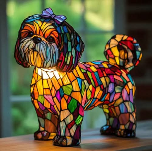 Lamp shaped like a small long-haired dog with a purple bow and curled tail, standing on a wooden sill by a window. 23
