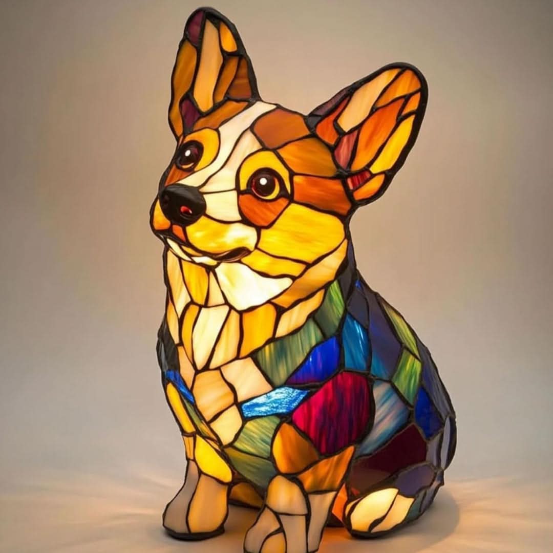 Seated corgi-style lamp with large upright ears, a white blaze and a multicoloured glass-effect body, lit warmly against a plain backdrop. 24