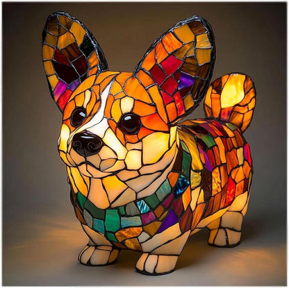 Chunky corgi-shaped lamp with big pointed ears and a curled tail, glowing orange with green and purple mosaic panels on a dark background. 25