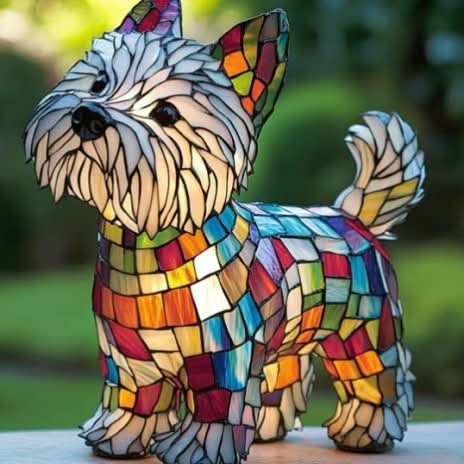 Small white terrier-shaped lamp with a shaggy face and a body of multicoloured mosaic panels, standing outdoors with a blurred green garden behind. 26