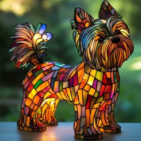 Small long-haired dog lamp seen from the side, with a feathery tail and a glowing mosaic body of amber, red and purple panels. 28