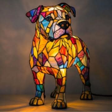 Standing bulldog-style lamp with folded ears and a colourful glass-effect body, glowing in a dim room with a cable trailing from its back leg. 29