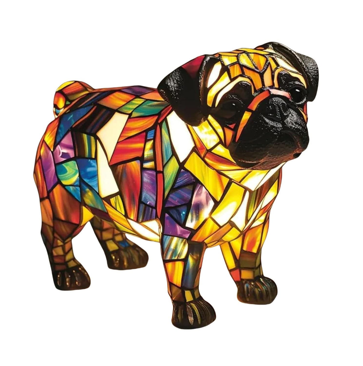 Pug-shaped lamp with a black muzzle and ears and a vivid multicoloured mosaic body, glowing yellow and orange against a white background. 30