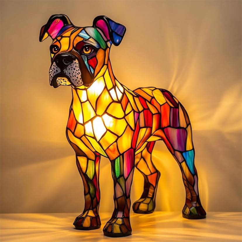 Standing boxer-style dog lamp with folded pink and blue ears, glowing yellow chest and multicoloured panelled legs. 4