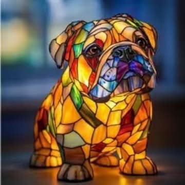 Sitting bulldog lamp in glowing orange, yellow, green and red glass panels, shown close up against a blurred window. 5