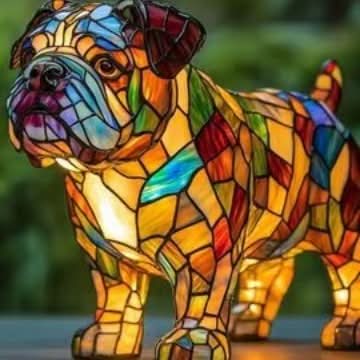 Standing bulldog lamp seen from the side at an angle, with orange, blue and green glass panels lit from inside. 6