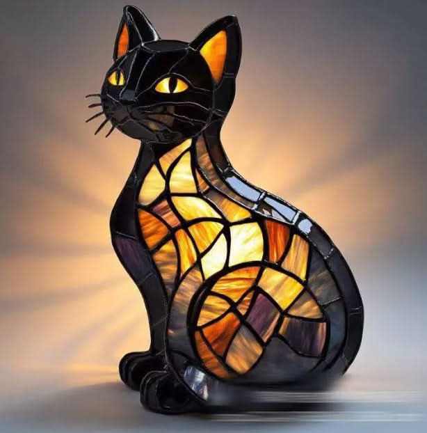 Sitting black cat lamp with yellow eyes and glowing amber and purple stained-glass body, shown for the animal range. 8