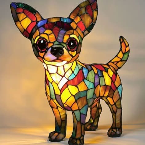 Standing chihuahua lamp with big upright ears and round dark eyes, in warm patchwork glass glowing from within. 9