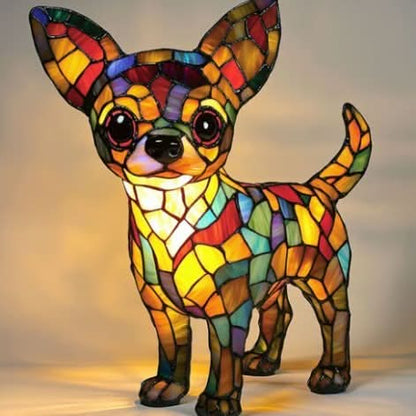 Standing chihuahua lamp with big upright ears and round dark eyes, in warm patchwork glass glowing from within. 9
