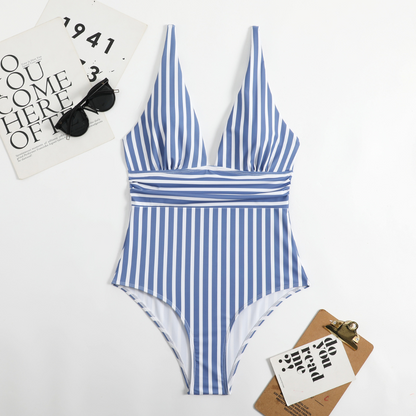 Trendy women's swimsuit with V-neck and striped pattern – Lina