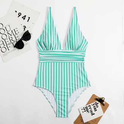 Trendy women's swimsuit with V-neck and striped pattern – Lina