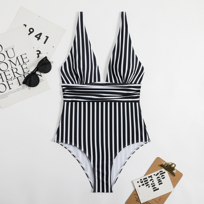 Trendy women's swimsuit with V-neck and striped pattern – Lina