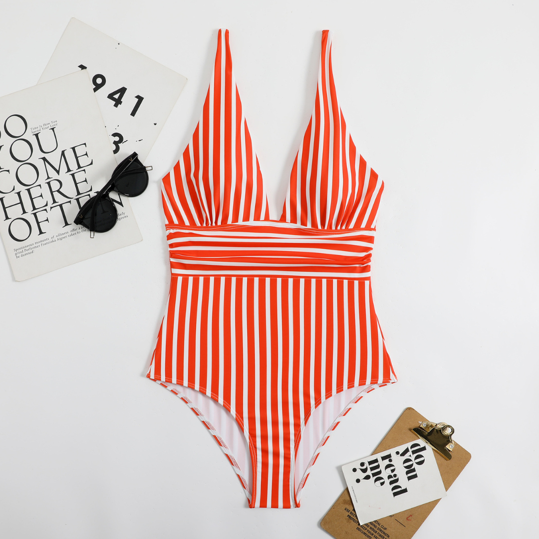 Trendy women's swimsuit with V-neck and striped pattern – Lina