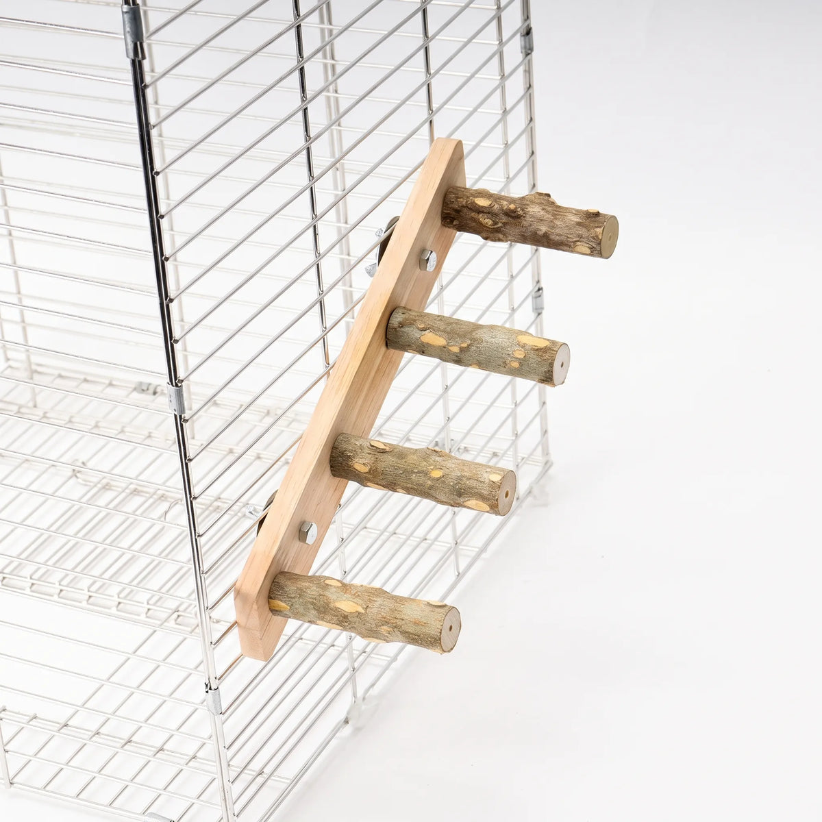 Four-rung wooden ladder with natural bark-covered branch rungs bolted to the outside of a wire cage against a white background. 1