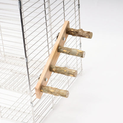 Four-rung wooden ladder with natural bark-covered branch rungs bolted to the outside of a wire cage against a white background. 1