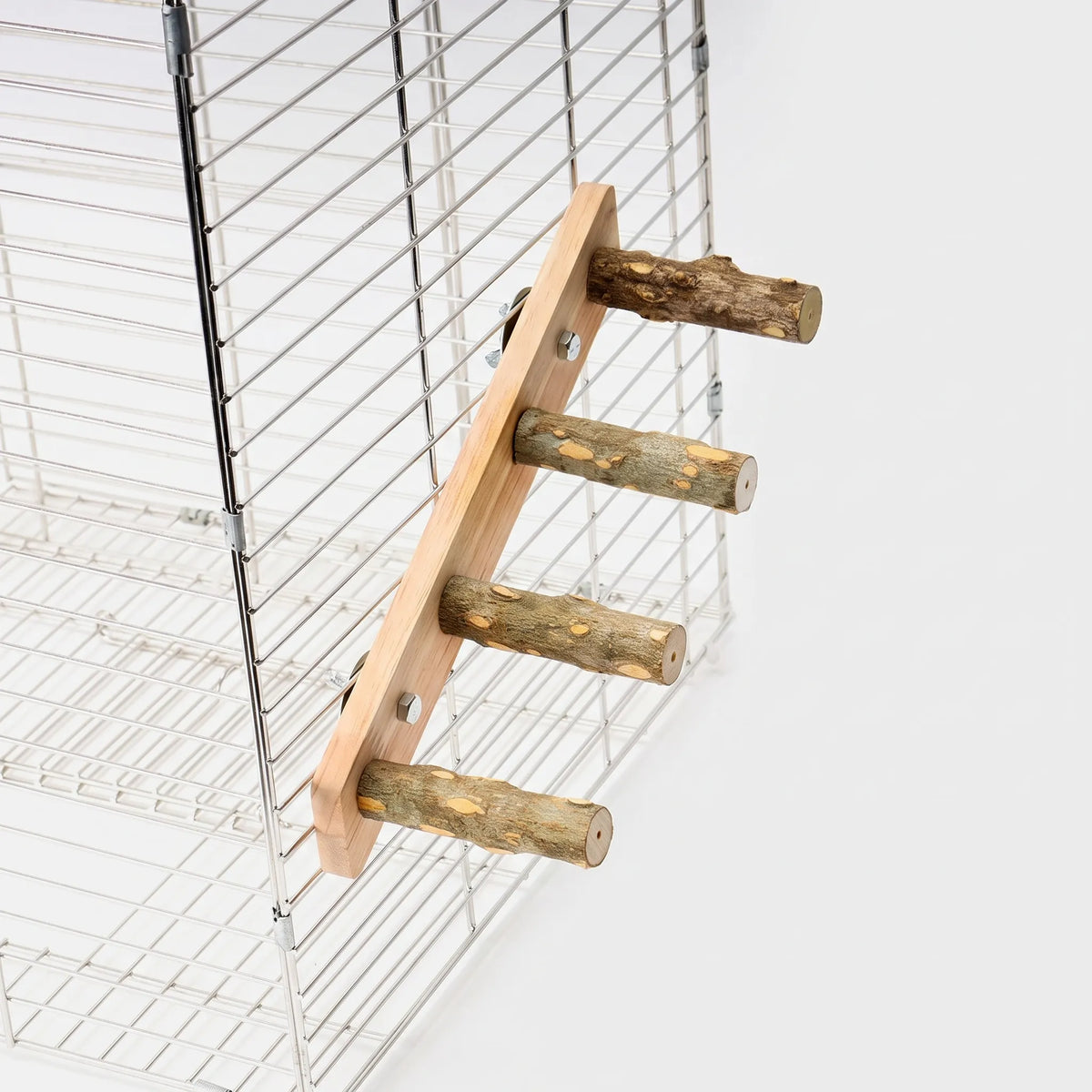 Four-rung wooden ladder with natural branch rungs attached to a wire cage, shown at a slight angle on a plain light background. 4