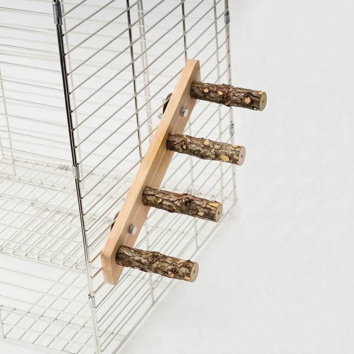 Four-rung version of the ladder on a wire cage, with darker, rougher bark on the branch rungs. 5
