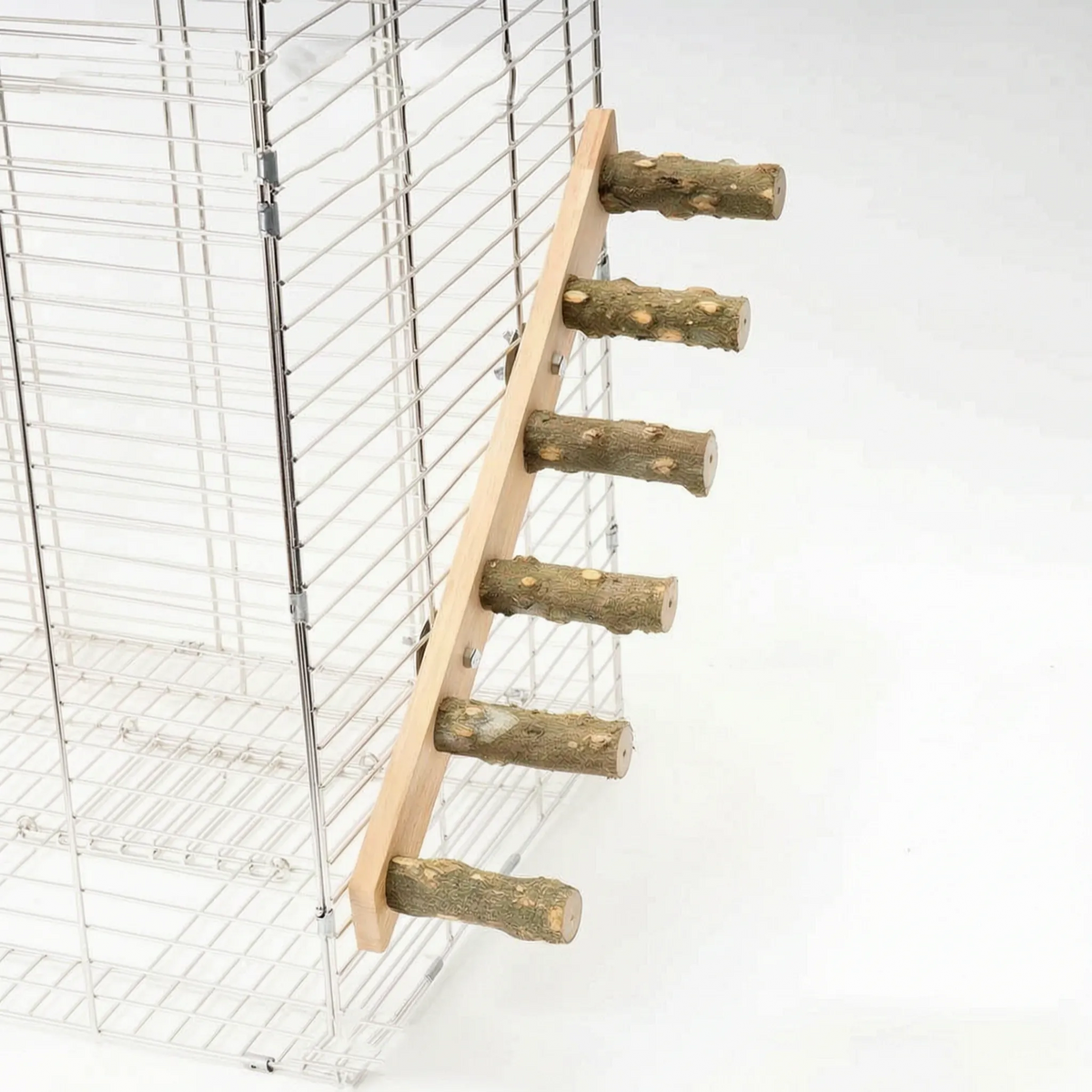 Six-rung wooden ladder with greenish-brown branch rungs bolted along the side of a wire cage. 6