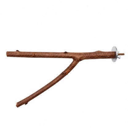 Forked natural wooden bird perch on a white background, with a metal washer, wing nut and threaded bolt at one end for fixing. 1