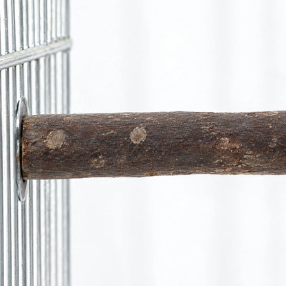 Close-up of a bark-covered wooden perch fixed to metal cage bars with a washer, showing small knots in the wood. 3