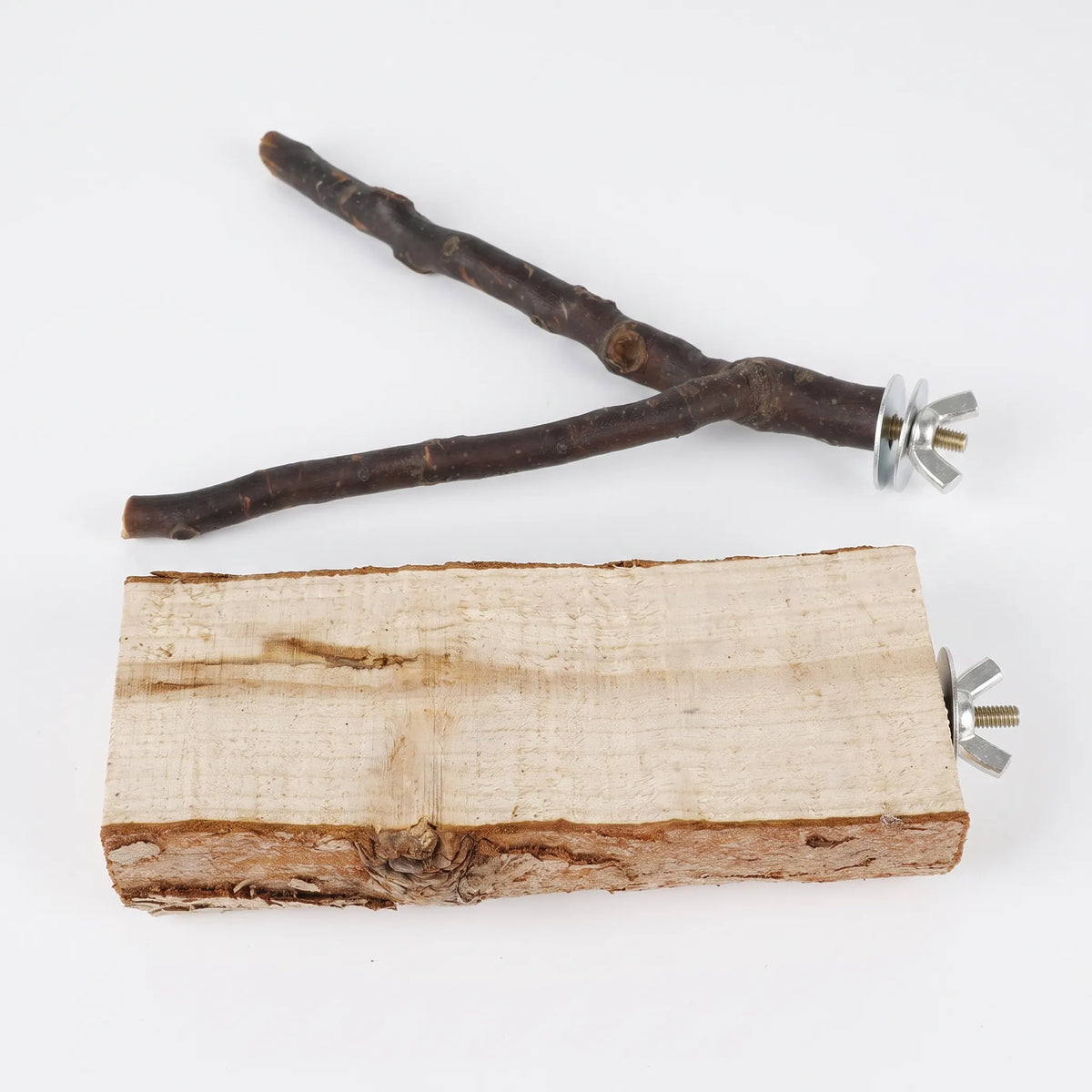 Flat lay from above of a forked branch perch and a wooden platform, both with silver wing nut fittings. 4